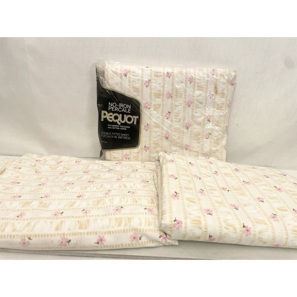 (3) Lot Vintage Pequot Floral Print DOUBLE FITTED & FLAT Sheets Luxury Pink